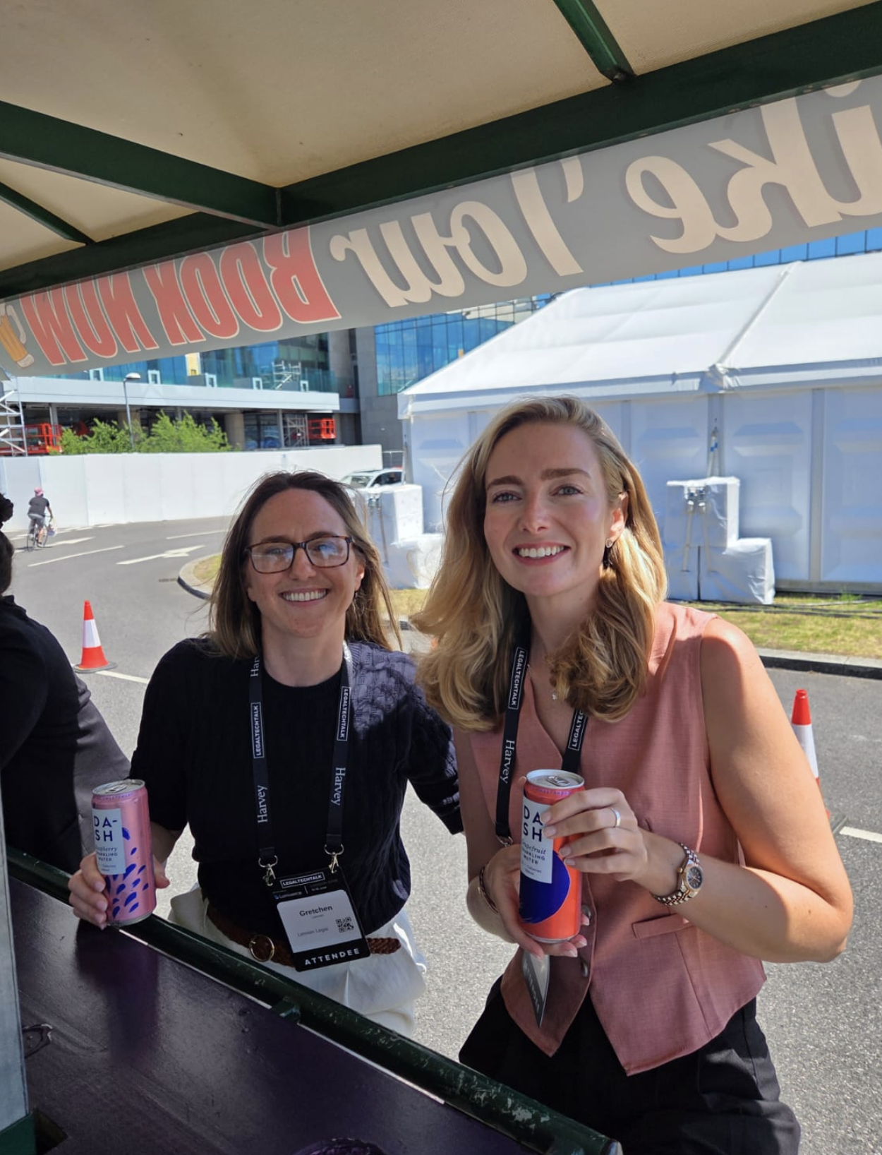 SJ and Gretchen from Lennon Legal enjoying drinks outside at LegalTechTalk 2026