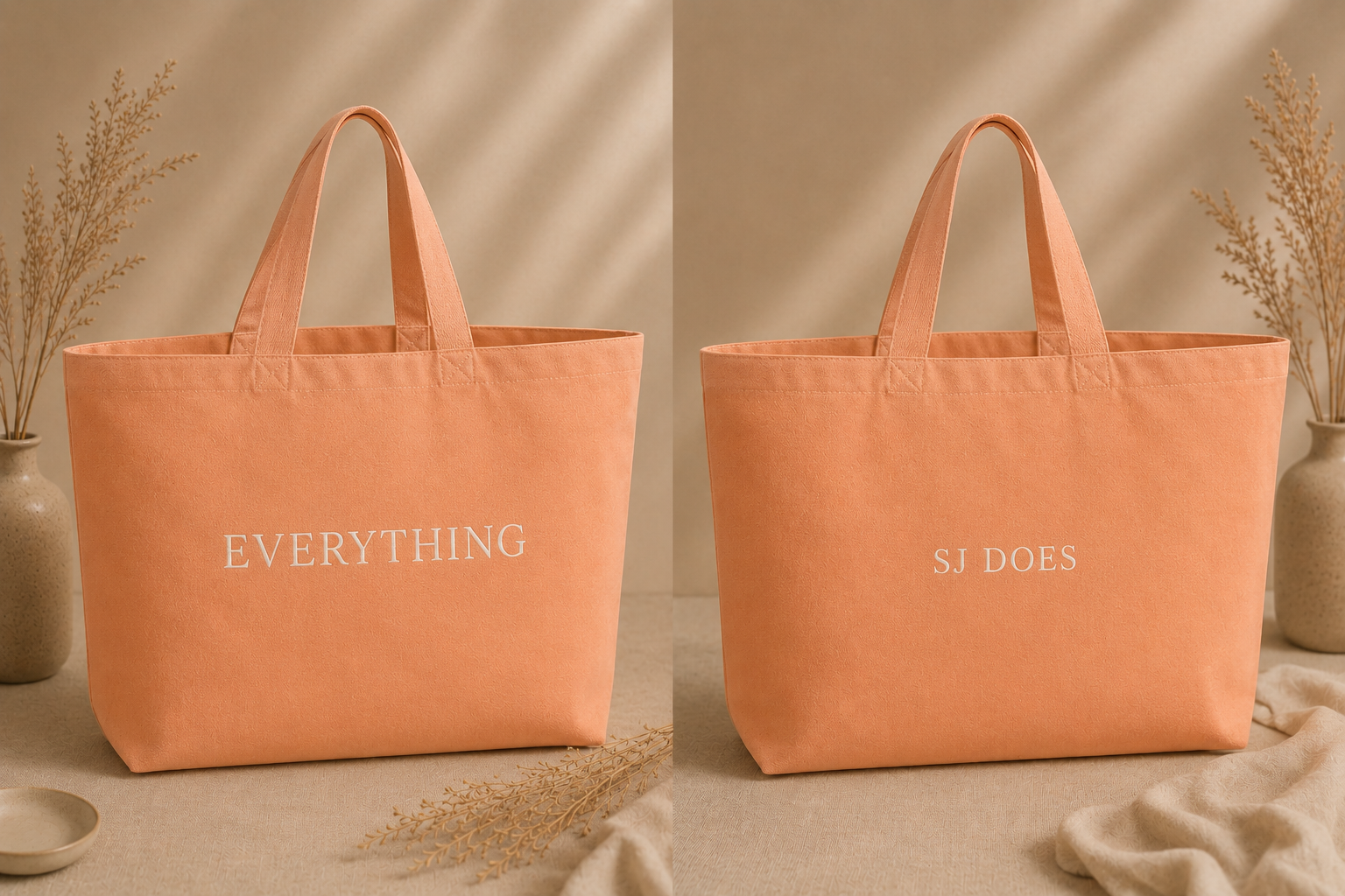 SJ DOES Everything tote bag in peach with embroidered text